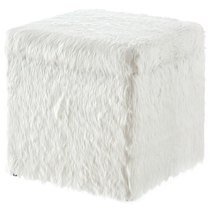 Maklaine Modern Faux Fur Fabric Cube Storage Ottoman in White