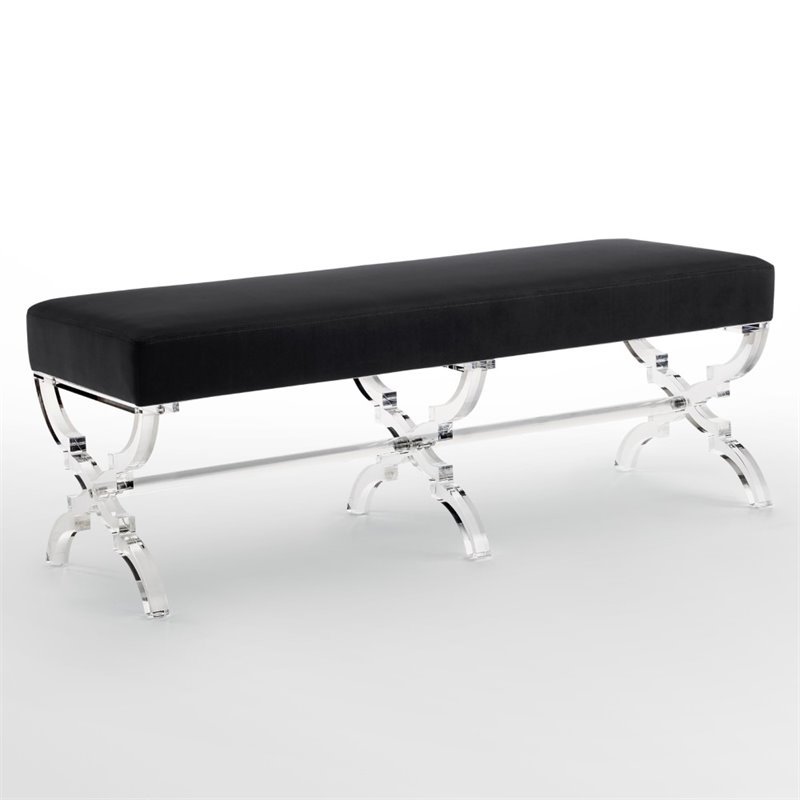 Maklaine Velvet Upholstered Bench with Acrylic X-Legs in Black