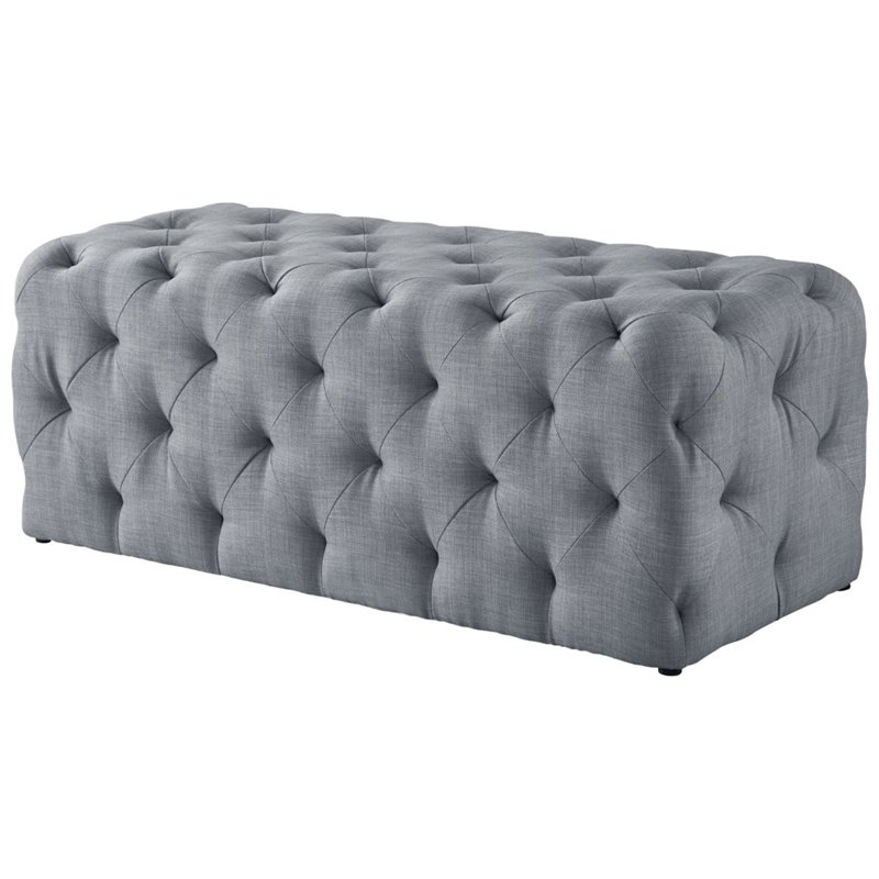 Maklaine Modern Button-Tufted Linen Fabric Bench in Light Gray
