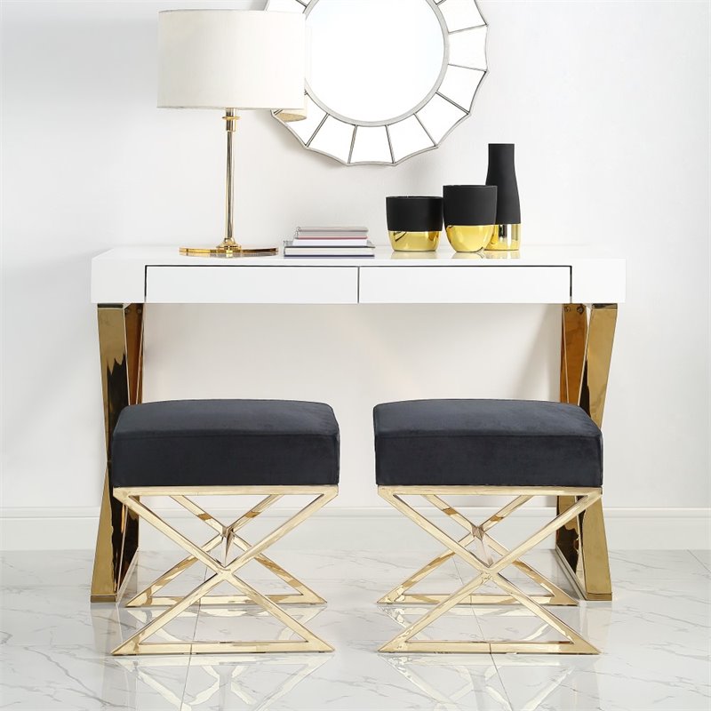 Maklaine Velvet and Stainless Steel Base Ottoman in Black/Gold