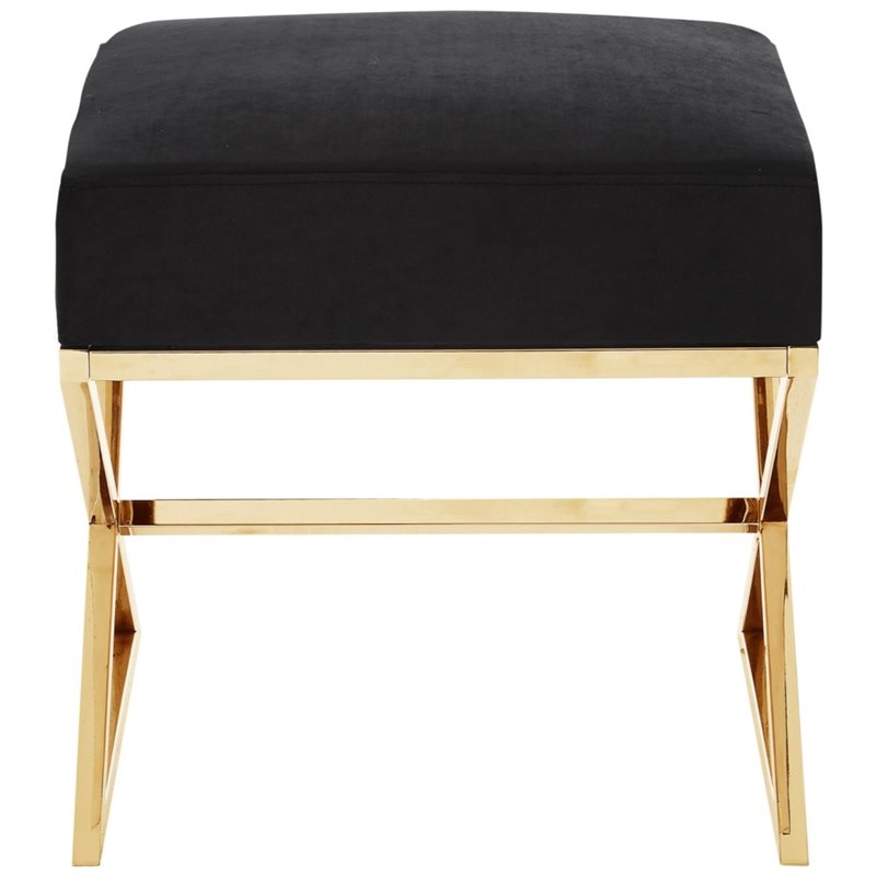 Maklaine Velvet and Stainless Steel Base Ottoman in Black/Gold