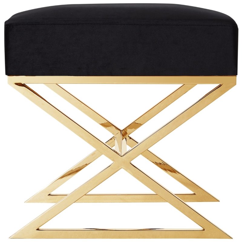 Maklaine Velvet and Stainless Steel Base Ottoman in Black/Gold