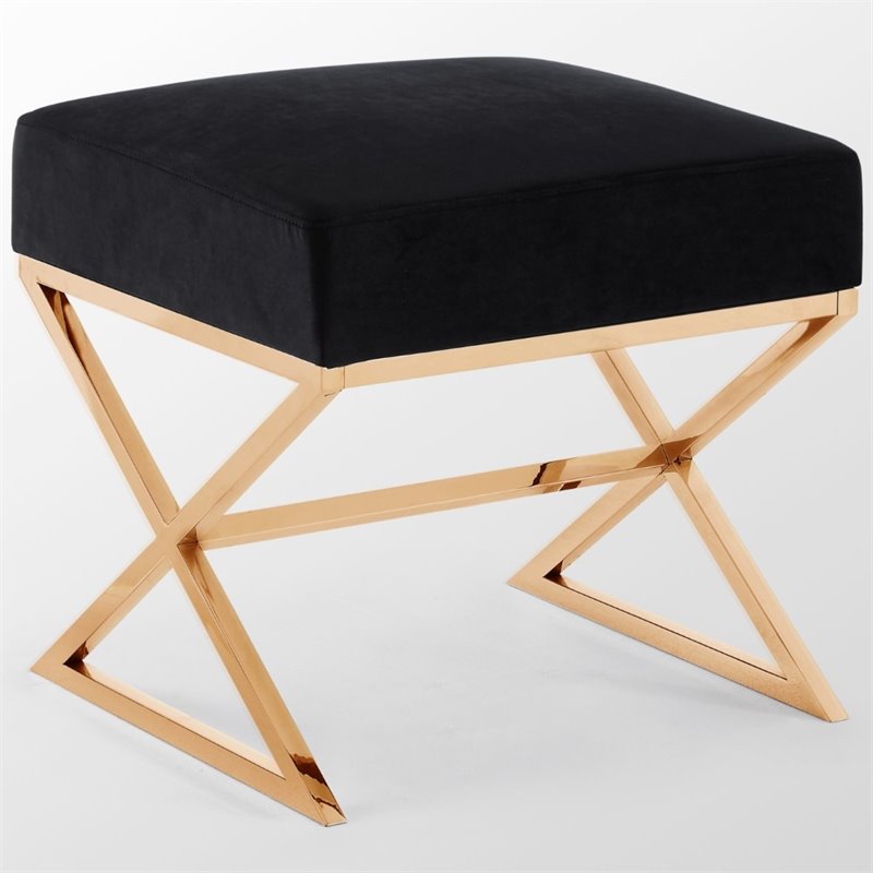 Maklaine Velvet and Stainless Steel Base Ottoman in Black/Gold