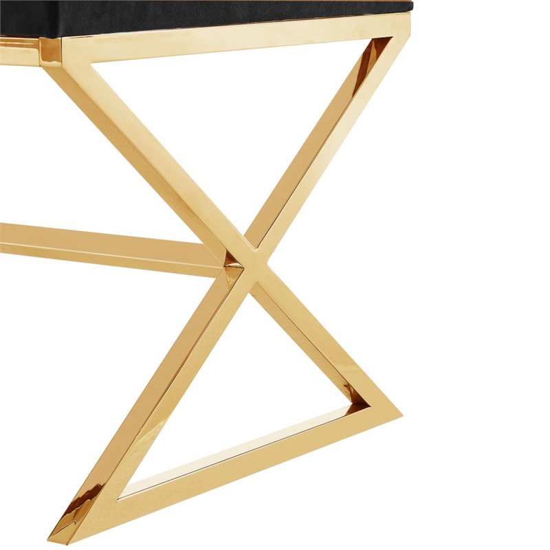 Maklaine Velvet and Stainless Steel Base Ottoman in Black/Gold