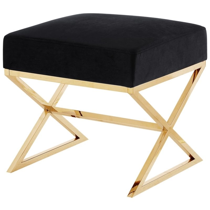 Maklaine Velvet and Stainless Steel Base Ottoman in Black/Gold