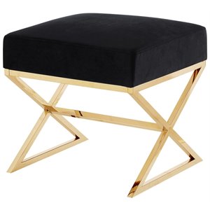 Maklaine Velvet and Stainless Steel Base Ottoman in Black/Gold