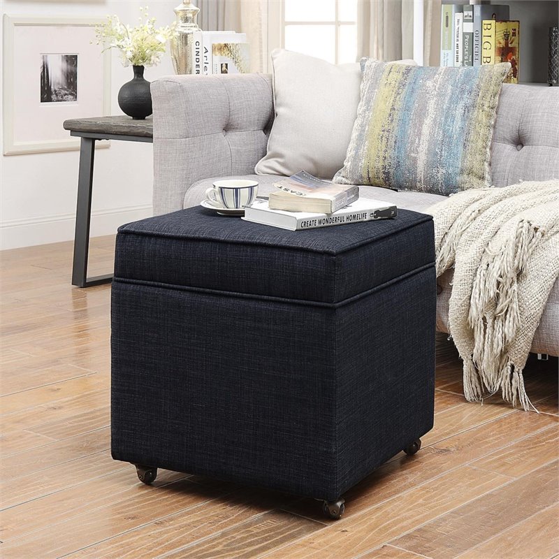 Maklaine Tufted Linen Fabric Cube Storage Ottoman with Casters in Black