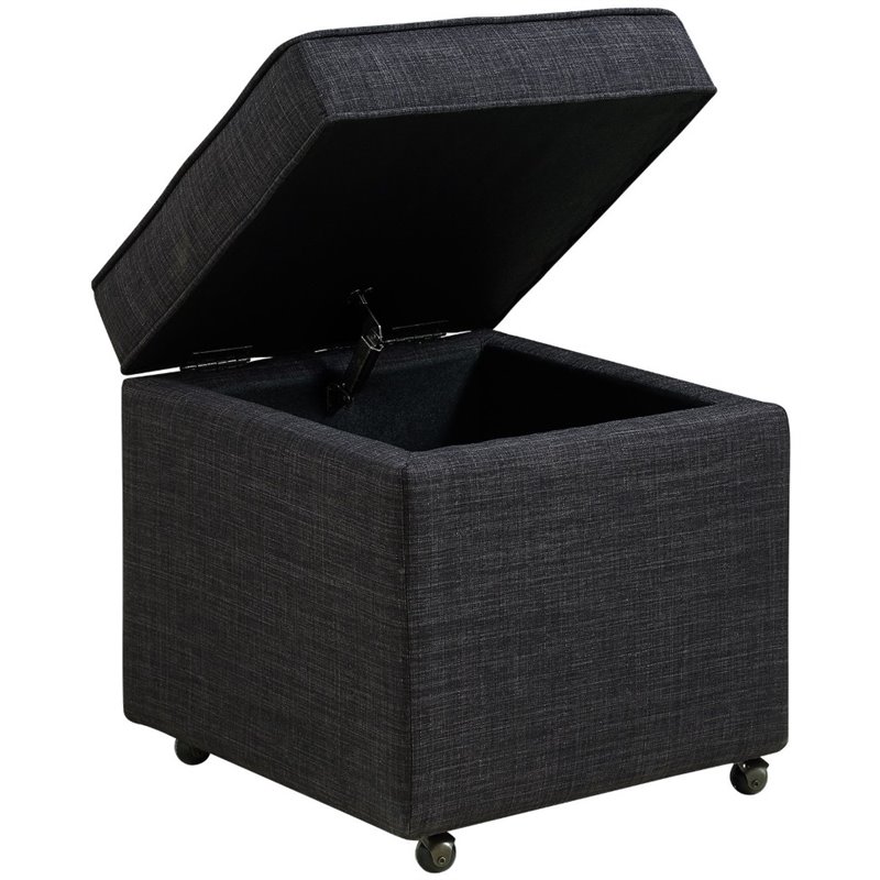 Maklaine Tufted Linen Fabric Cube Storage Ottoman with Casters in Black