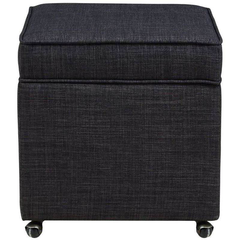 Maklaine Tufted Linen Fabric Cube Storage Ottoman with Casters in Black