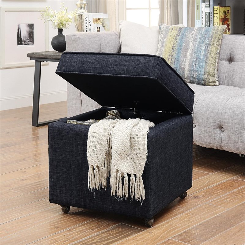 Maklaine Tufted Linen Fabric Cube Storage Ottoman with Casters in Black