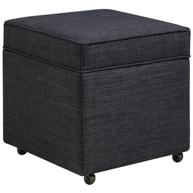 Maklaine Tufted Linen Fabric Cube Storage Ottoman with Casters in Black