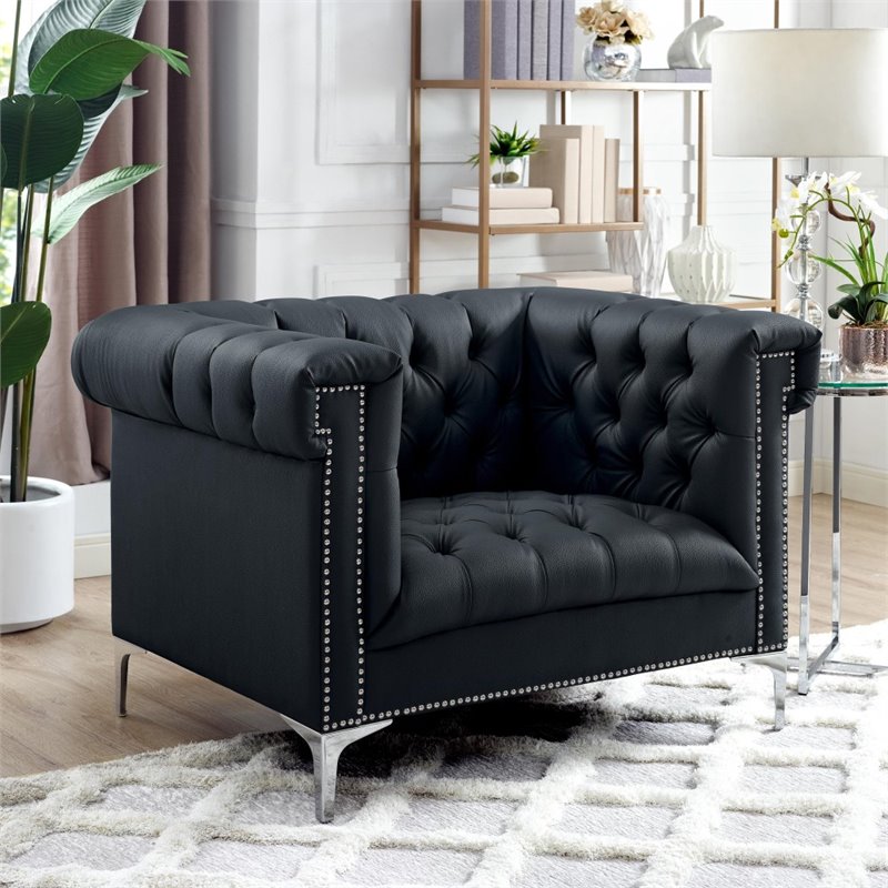 Maklaine Button Tufted Leather Chesterfield Accent Chair - Black/Chrome