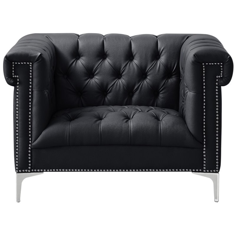 Maklaine Button Tufted Leather Chesterfield Accent Chair - Black/Chrome