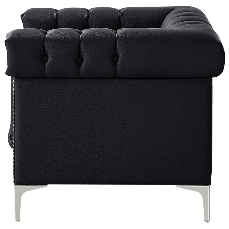 Maklaine Button Tufted Leather Chesterfield Accent Chair - Black/Chrome