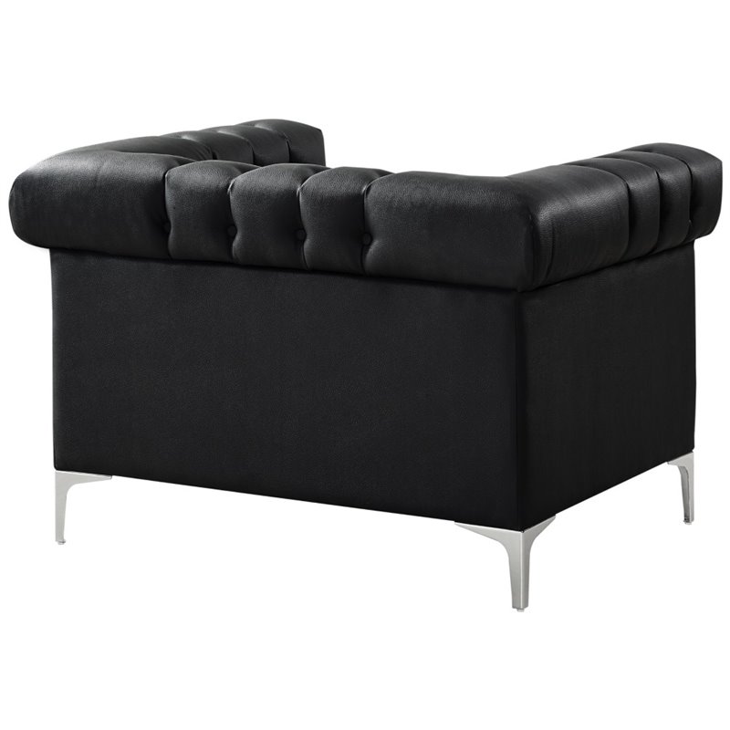 Maklaine Button Tufted Leather Chesterfield Accent Chair - Black/Chrome