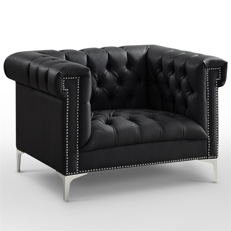 Maklaine Button Tufted Leather Chesterfield Accent Chair - Black/Chrome