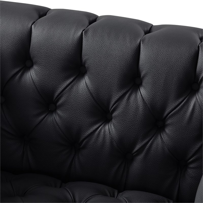 Maklaine Button Tufted Leather Chesterfield Accent Chair - Black/Chrome