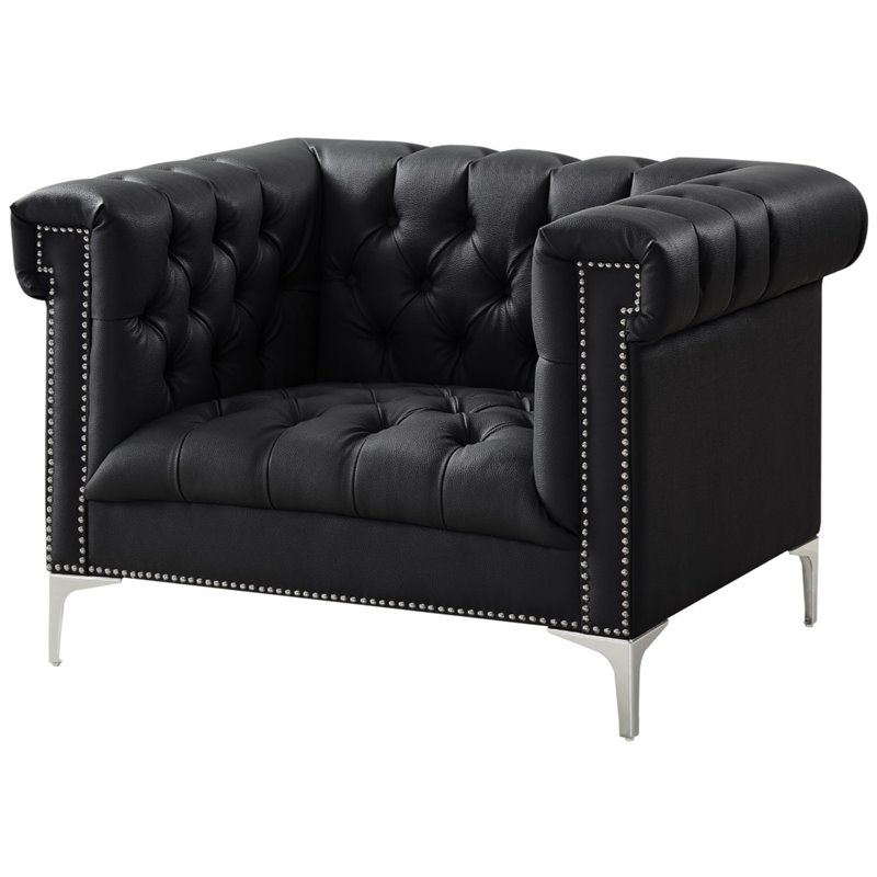 Maklaine Button Tufted Leather Chesterfield Accent Chair - Black/Chrome