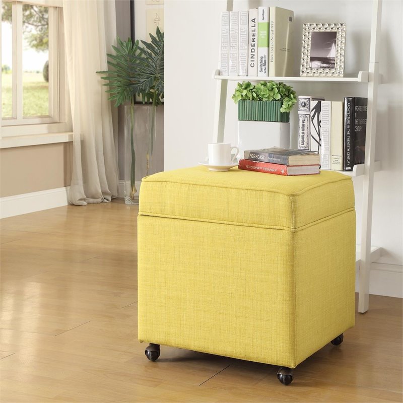 Maklaine Tufted Linen Fabric Cube Storage Ottoman with Casters in Yellow