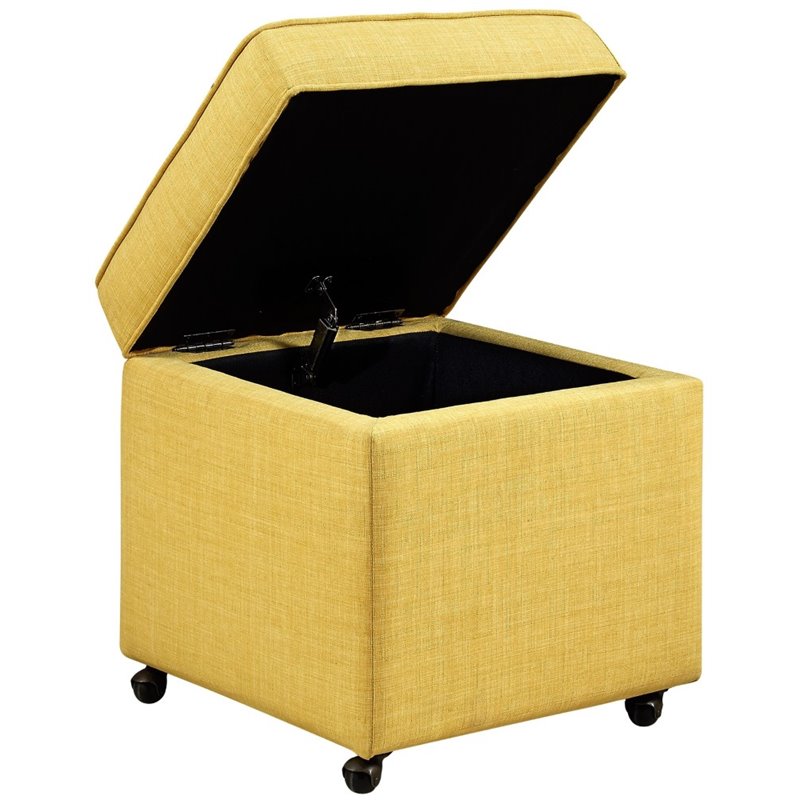 Maklaine Tufted Linen Fabric Cube Storage Ottoman with Casters in Yellow