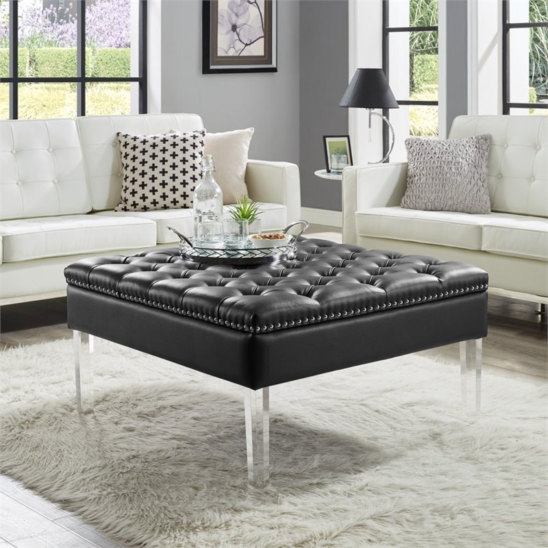 Maklaine Tufted Faux Leather Oversized Ottoman with Acrylic Legs in Black