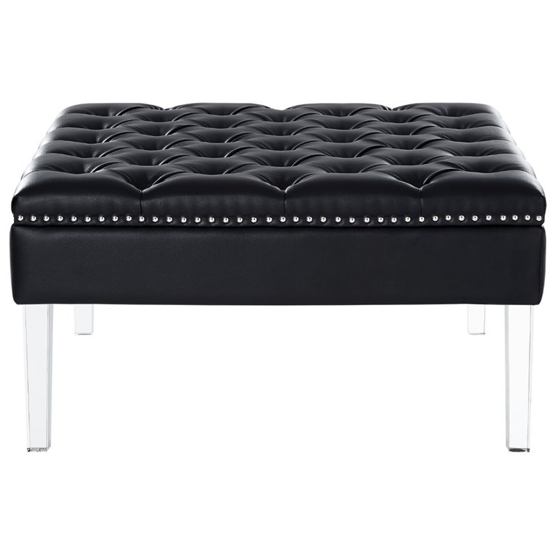 Maklaine Tufted Faux Leather Oversized Ottoman with Acrylic Legs in Black