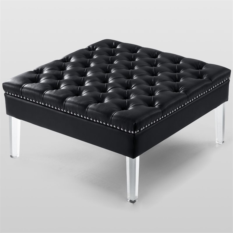 Maklaine Tufted Faux Leather Oversized Ottoman with Acrylic Legs in Black