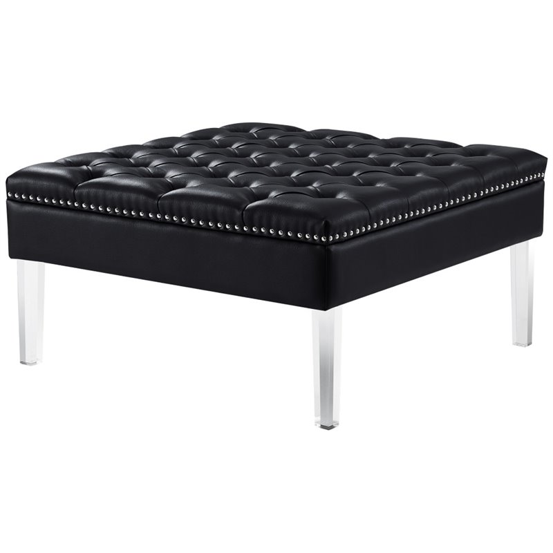 Maklaine Tufted Faux Leather Oversized Ottoman with Acrylic Legs in Black