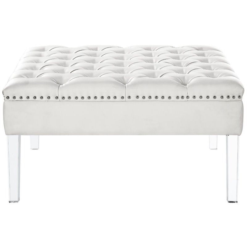 Maklaine Tufted Faux Leather Oversized Ottoman with Acrylic Legs in White