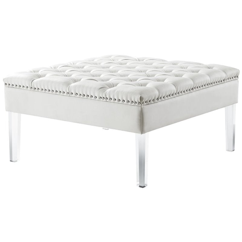 Maklaine Tufted Faux Leather Oversized Ottoman with Acrylic Legs in White