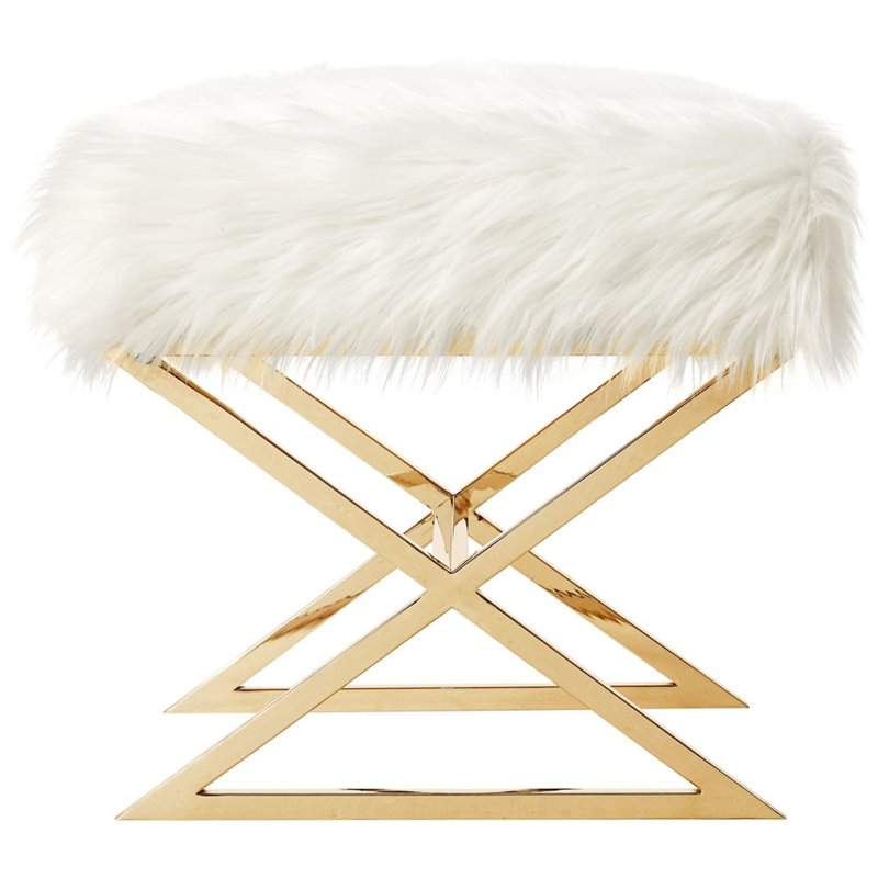 Maklaine Faux Fur Fabric Ottoman with Stainless Steel X-Legs in White/Gold