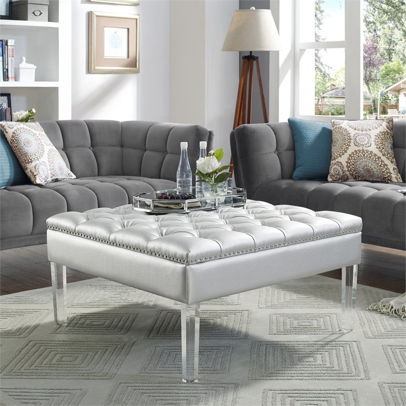 Maklaine Tufted Faux Leather Oversized Ottoman with Acrylic Legs in Silver