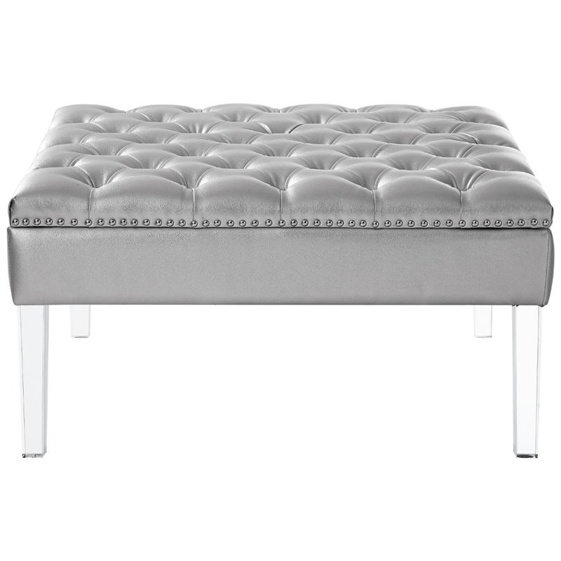 Maklaine Tufted Faux Leather Oversized Ottoman with Acrylic Legs in Silver
