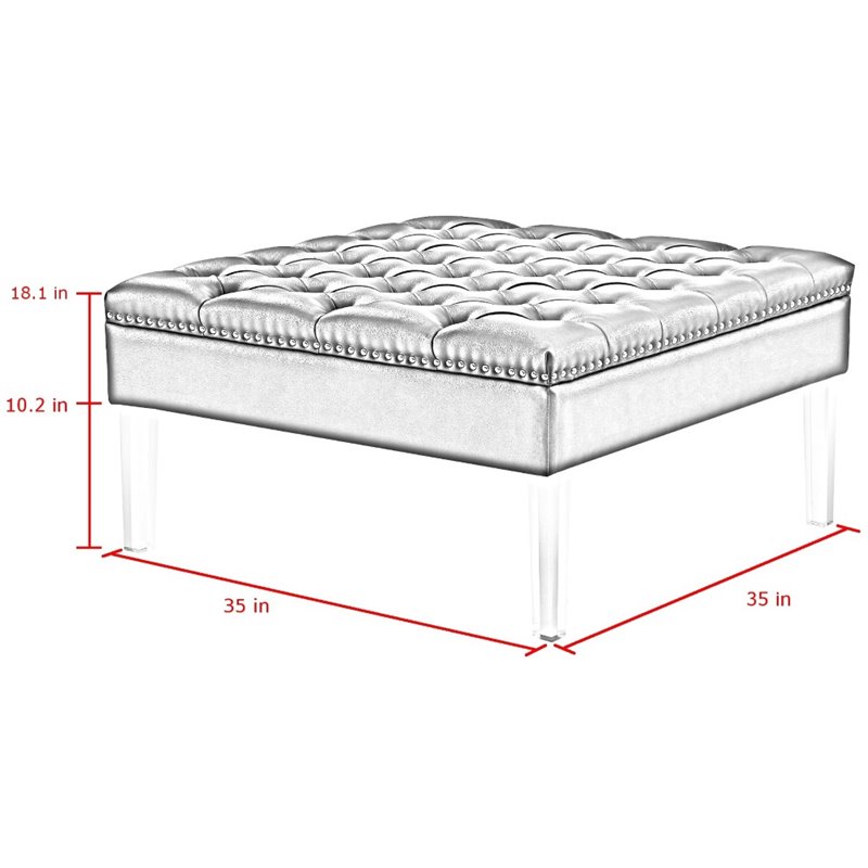 Maklaine Tufted Faux Leather Oversized Ottoman with Acrylic Legs in Silver