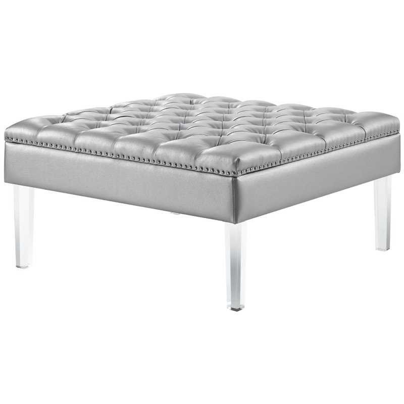 Maklaine Tufted Faux Leather Oversized Ottoman with Acrylic Legs in Silver