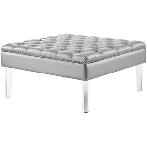 Maklaine Tufted Faux Leather Oversized Ottoman with Acrylic Legs in Silver