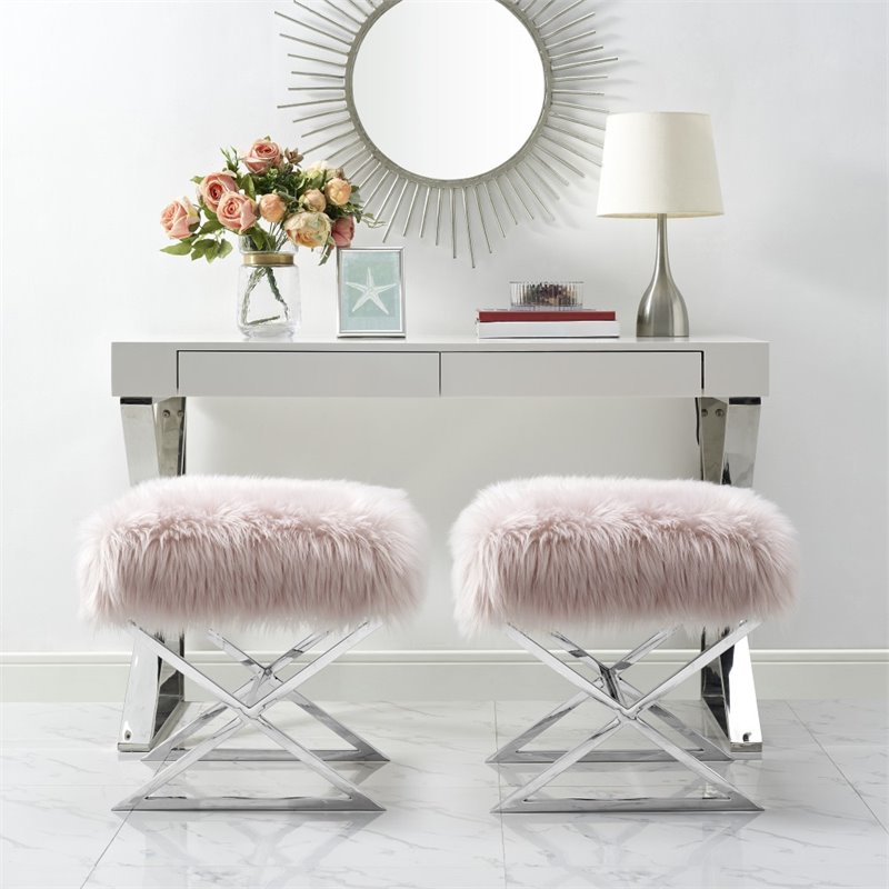 Maklaine Faux Fur Fabric Ottoman with Stainless Steel X-Legs in Rose/Chrome