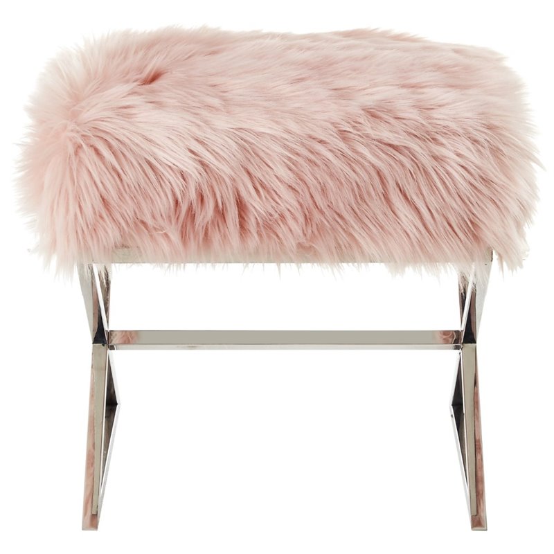 Maklaine Faux Fur Fabric Ottoman with Stainless Steel X-Legs in Rose/Chrome