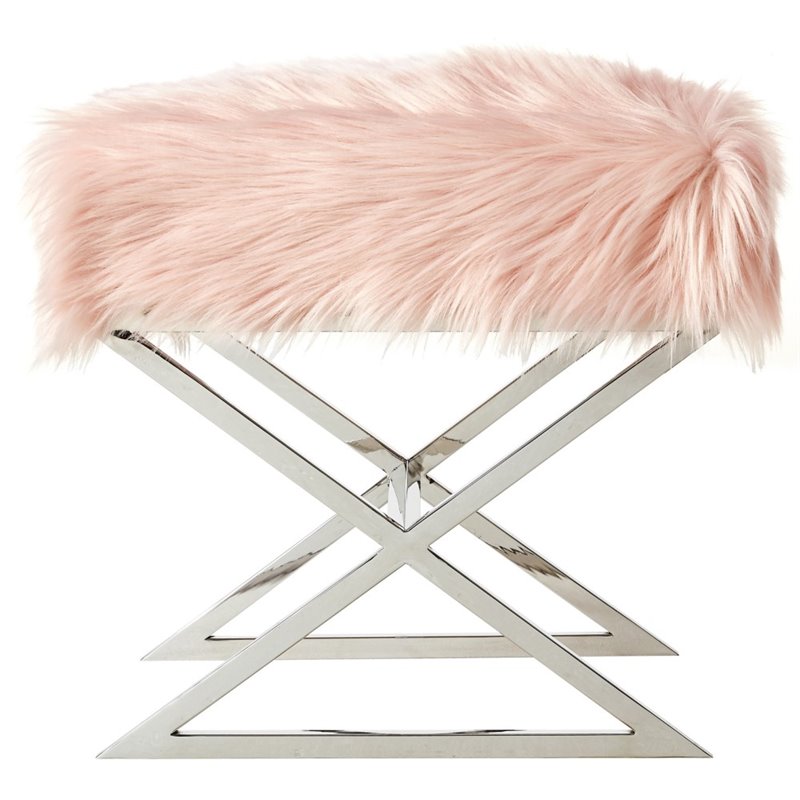 Maklaine Faux Fur Fabric Ottoman with Stainless Steel X-Legs in Rose/Chrome