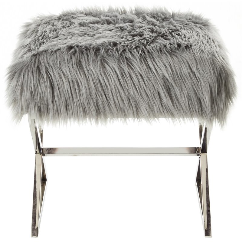 Maklaine Faux Fur Fabric Ottoman with Stainless Steel X-Legs in Gray/Chrome
