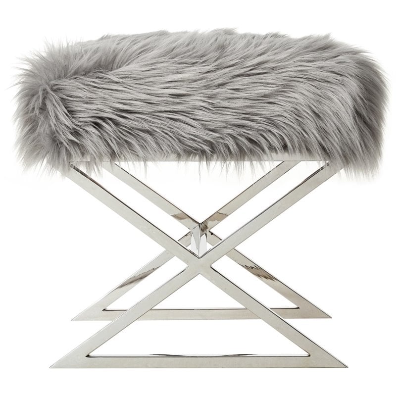 Maklaine Faux Fur Fabric Ottoman with Stainless Steel X-Legs in Gray/Chrome