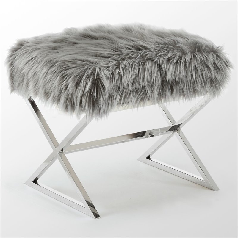Maklaine Faux Fur Fabric Ottoman with Stainless Steel X-Legs in Gray/Chrome