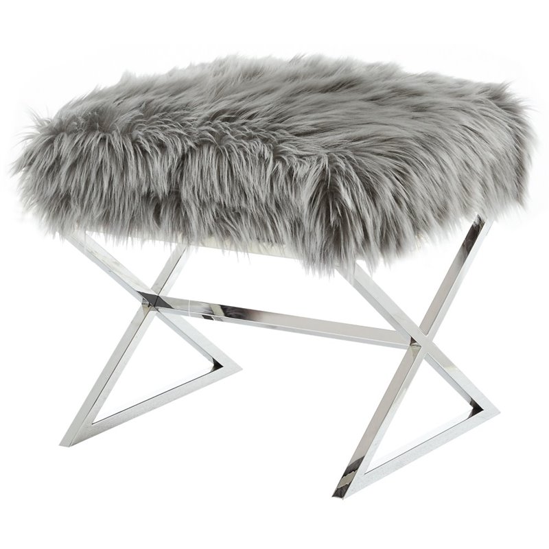 Maklaine Faux Fur Fabric Ottoman with Stainless Steel X-Legs in Gray/Chrome