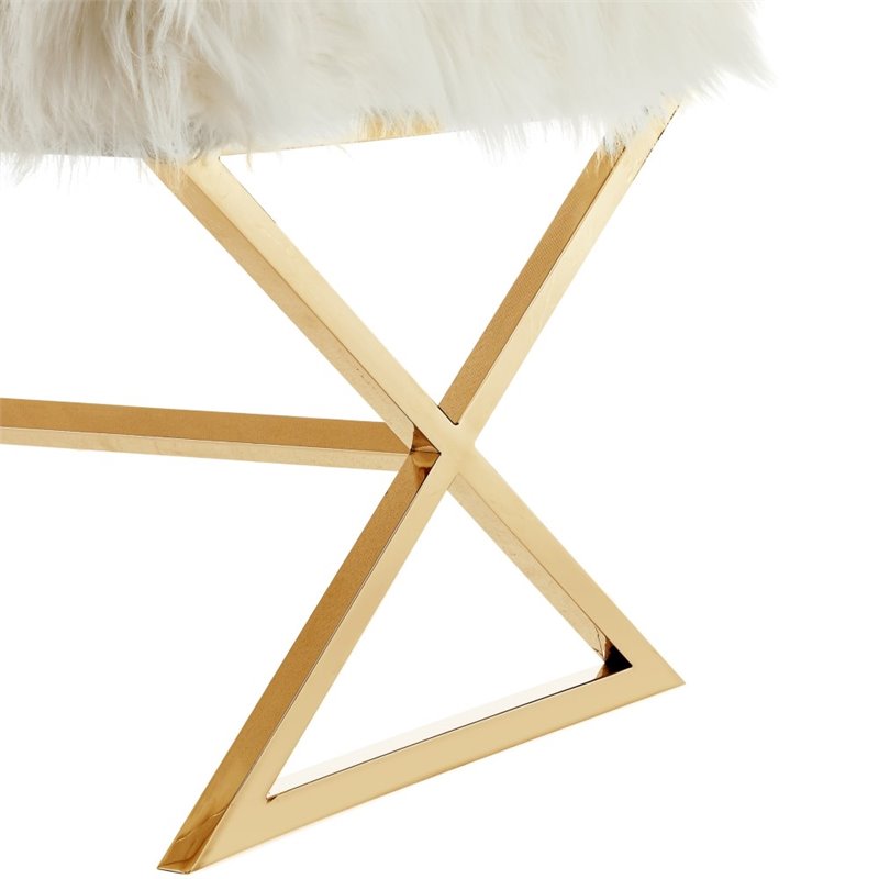 Maklaine Fur Fabric Upholstered Bench with Stainless Steel Legs - White/Gold