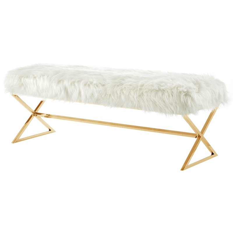 Maklaine Fur Fabric Upholstered Bench with Stainless Steel Legs - White/Gold