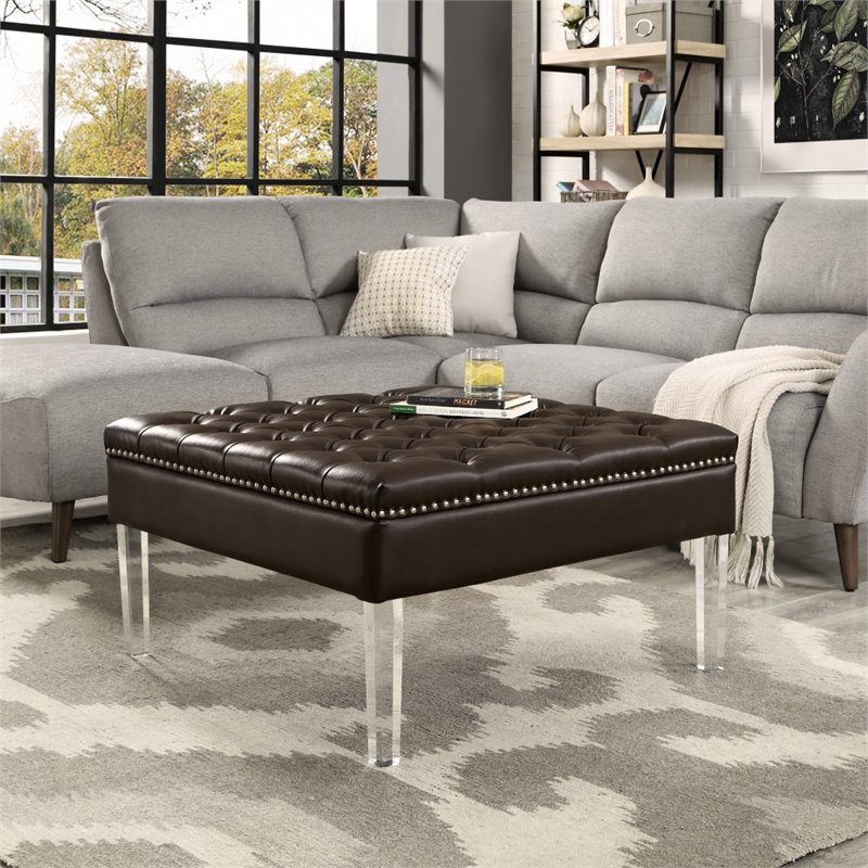 Maklaine Tufted Faux Leather Oversized Ottoman with Acrylic Legs in Espresso