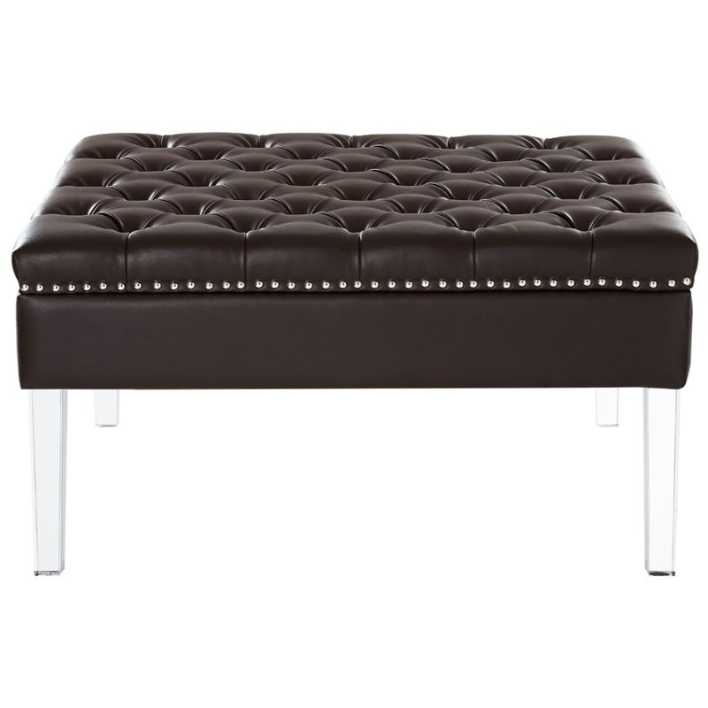 Maklaine Tufted Faux Leather Oversized Ottoman with Acrylic Legs in Espresso