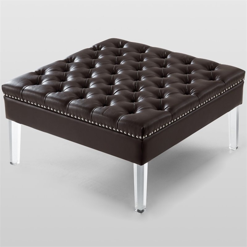 Maklaine Tufted Faux Leather Oversized Ottoman with Acrylic Legs in Espresso