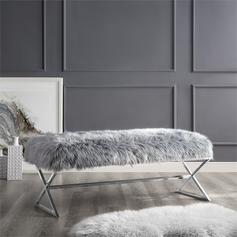 Maklaine Fur Fabric Upholstered Bench with Stainless Steel Legs - Gray/Chrome