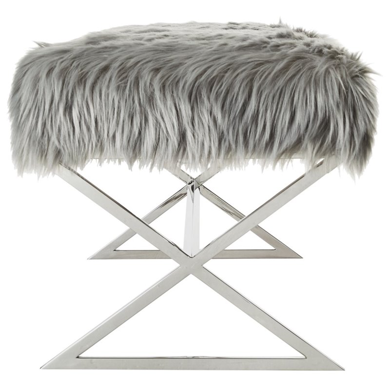 Maklaine Fur Fabric Upholstered Bench with Stainless Steel Legs - Gray/Chrome